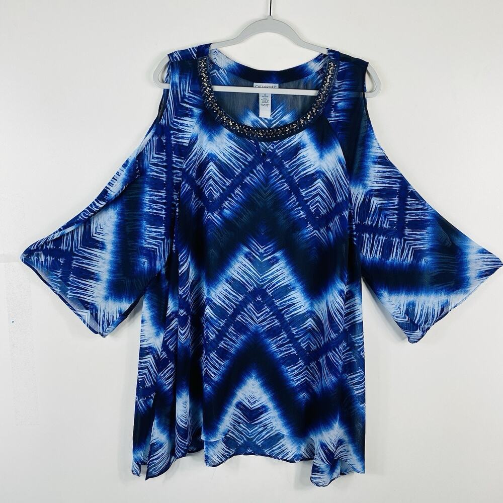 Catherines Top 1X 18 20 Blue Cold Shoulder Beaded Embellished Blouse